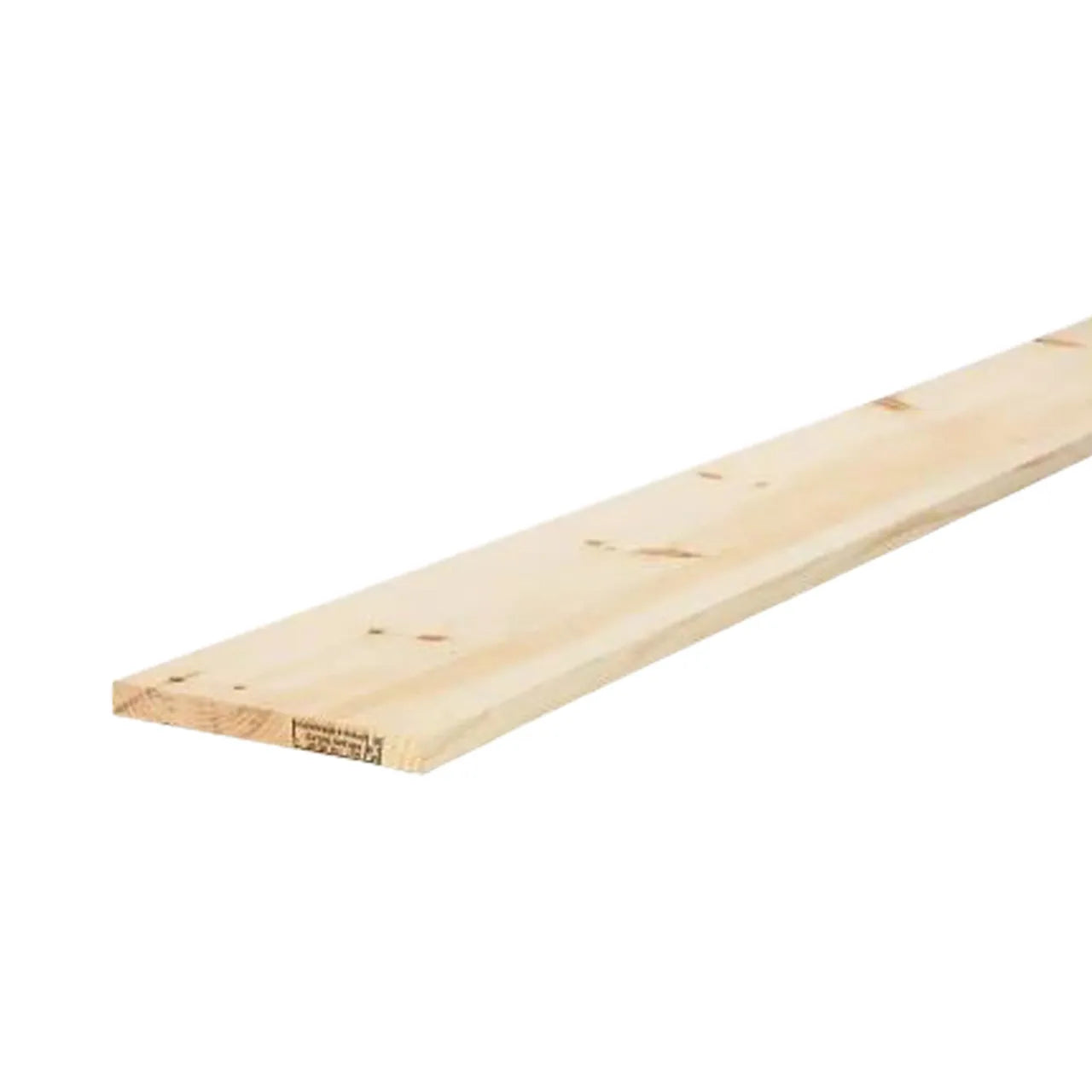 A single 1 in. x 8 in. x 10 ft. Premium Kiln-Dried Square Edge Whitewood Common Board by Go Build, The Fastest Way To Build, unfinished with a smooth, light-colored surface, is shown at an angle on a white background.